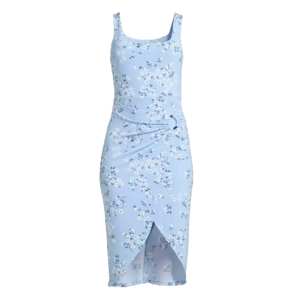 nwt no boundaries 'sheer romance' blue floral sleeveless midi wrap dress xs-xl